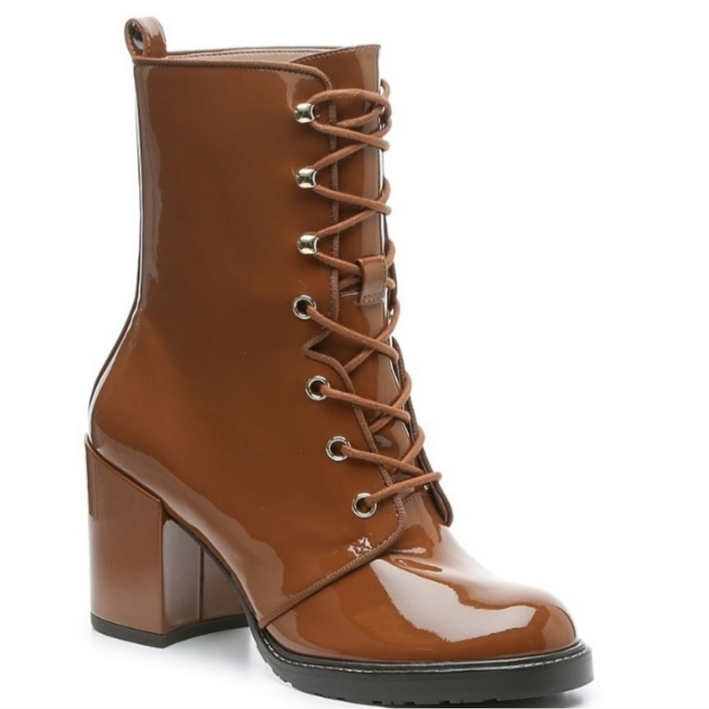 Stuart Weitzman Cognac Patent Leather Lace-Up Block Heel Boots